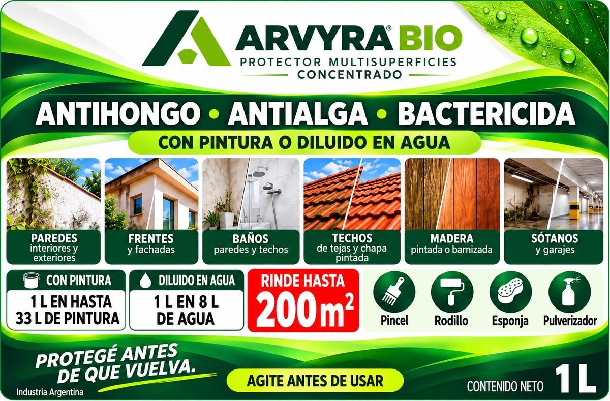Etiqueta de ARVYRA BIO 1 litro: antihongo, antialga, bactericida, con pintura o diluido en agua